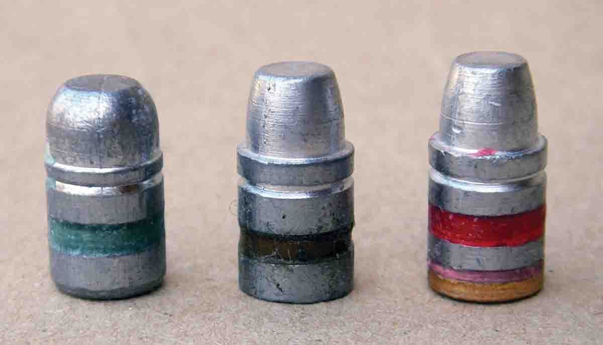 Not all cast bullets are suitable for high velocity, magnum revolver cartridge loads. Bevel-base versions (left) are generally best when kept at velocities below 1,000 fps. Plain-base bullets (center) can be pushed to magnum velocities, but should be cast with a BHN of between 14 and 16, and should be lubed with high-quality lube designed for high-velocity loads. Gas check bullets (right) serve to prevent leading and are widely popular in magnum revolver cartridges.